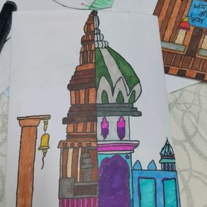 A Drawing Of Mosque And Temple Together 😊😊