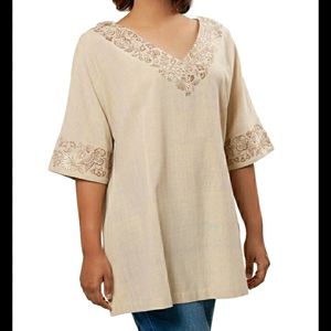 V neck Embroidered Beige Kaftan Tunic🐫🌻