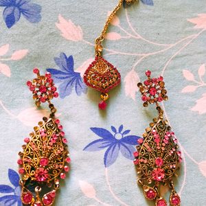 Pink Earrings With Maang Teeka