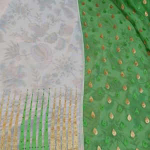 Green, Golden And Cream Saree