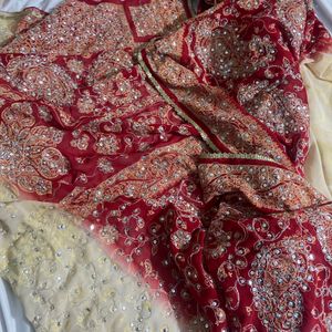 Beautiful Red And White Heavy Work Wedding Saree