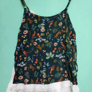 Green Floral Sleeveless Top With Lace Detail