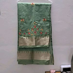 Embroided Green And Golden Saree