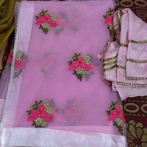 Baby Pink Colour Saree No Flow Dark Pink Flowers Printed Stich Blouse