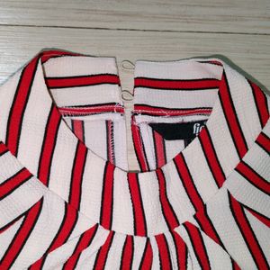 Full Sleeved Synthetic Stylish WomenTop, Turtle Neck, Two Buttons On The Back. Red And White Coloured Vertical Design.