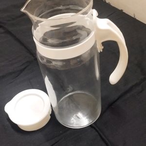 Glass Jug With Plastic Lid & Handle.