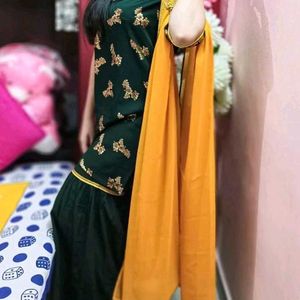 Dark Green Printed Kurta With Sharara & Dupatta