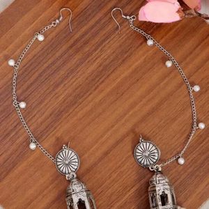 silver jhumki with ear chain