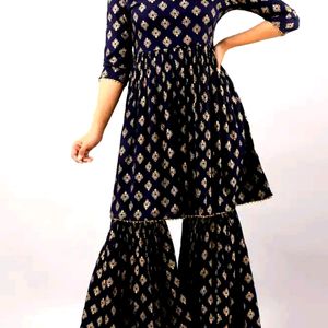 Navy Blue Ethnic Motif Printed Pleated Kurti/Shara