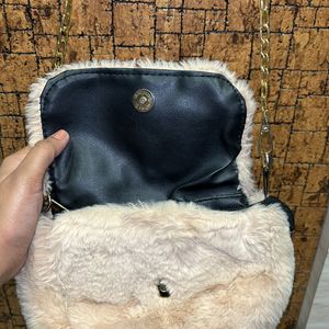 Beige Colour Furr Sling Bag For Women