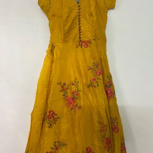 Yellow Floral Cotton Anarkali Kurta With Dupatta