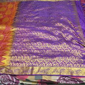 Orange And Violet Pure Silk Saree