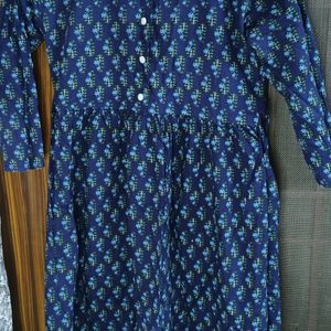 Printed Cotton Round Neck A-line Kurta With Belt