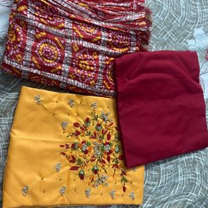 Cotton Dress Material With Silk Bandhej Dupatta