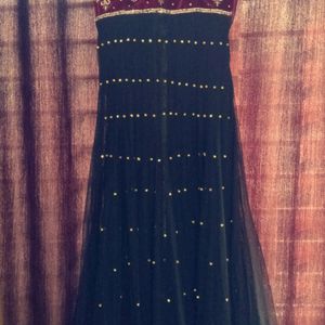 Black Evening Gown With Red Velvet Embroidery