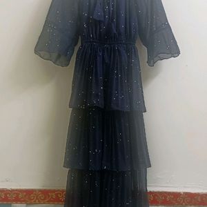 Elegant Navy Blue Tiered Dress with Sparkle