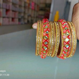 Stunning Red & Golden Bangle Set Of 6pcs