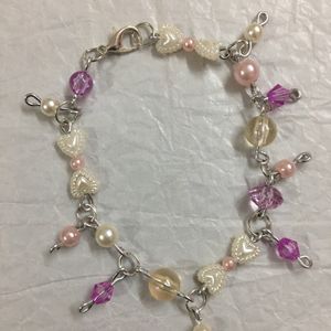 Purple Crystal,Pearl Heart And Pink Bead Bracelet