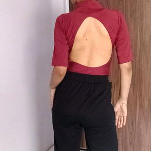 Maroon Padded Backless Bodysuit Top