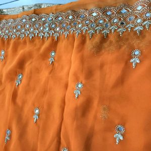Embroidery Work Saree With Stone And Blouse Attach