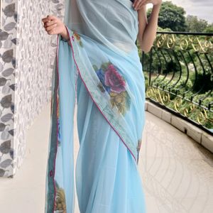 Blue Saree With Blouse Piece