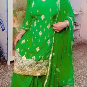 Green Silk Plazzo Kameez Set With Dupatta