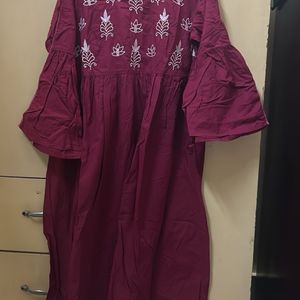 Maroon Cotton Kurti With Silver Embroidery