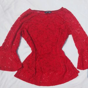 Women Maroon Self - Design Lace Top