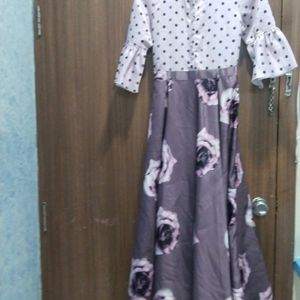 Purple frock . Dotted and flower print dress