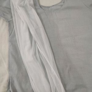 Plain Light Grey Kurti With White Dupatta