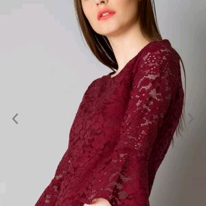 Women Maroon Self - Design Lace Top