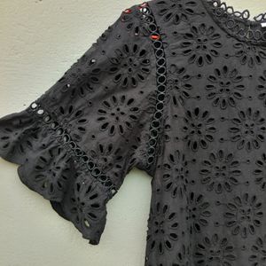 SEED Black Embroidery Lace Cotton Top