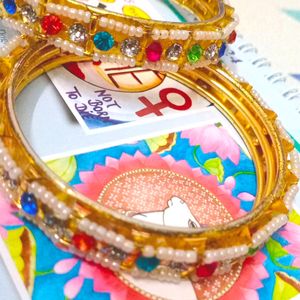 Golden Pearl Bangles With Jhumka Pair