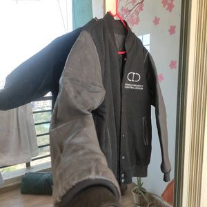 Leather Sleeves Back Embroidery Bomber Jacket