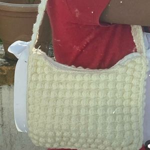 Crochet Cream Popcorn Ribbon Bag