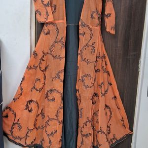 Long Ethnic Gown With Grey Gow & Orange Jacket