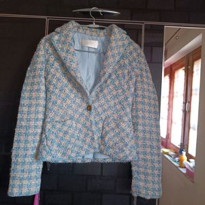 Korean Crop Blazer Green And White Color