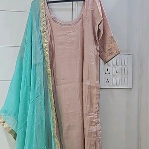 Koskii Peach Kurta With Contrasting Green Bottom