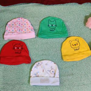 Assorted Set Of 5 Caps, New Born To 6 Months;