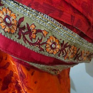 Sequin Orange Red Saree With Stitched Blouse