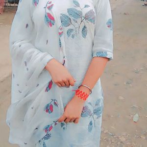 White Printed Suit With Pent And Dupatta