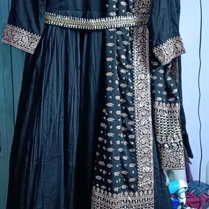 Black Ethnic Gown With Belt And Heavy Dupatta