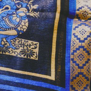 New Beutiful Blue Saree With Golden Lace And Work