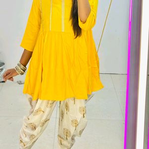 Yellow Short Kurti With Dhoti Set