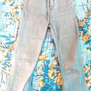 Korean Sky Blue Denim Fitted Jeans For Girls