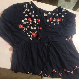 Casual Bell Sleeves Embroidered Navy Blue Top