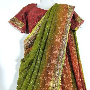 Brown And Olive Embroidered Lehenga (Women's)