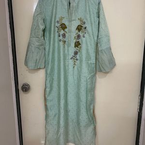 Hand Embroidered Pista Silk Kurta