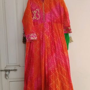 Gota Patti Work Gown Leheriya Bandhej Women