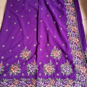 Heavy Embroidery Violet Georgette Saree